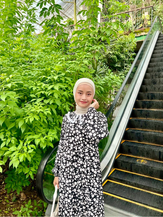 Syakilla Dress | Nameera Style | Gamis Rayon Motif Bunga, Adem, Busui Friendly